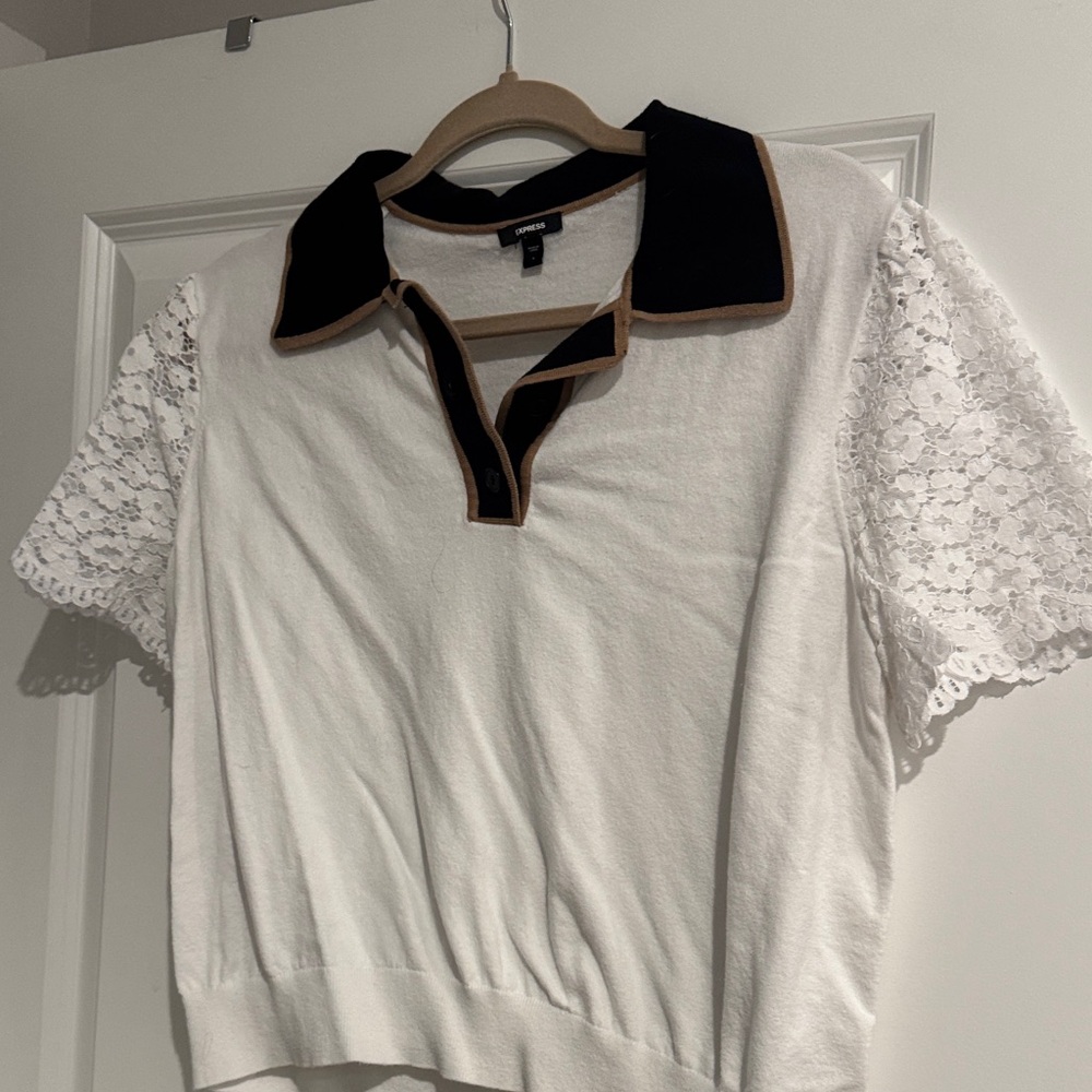Express Ivory Blouse with Lace Sleeves and Black Trim